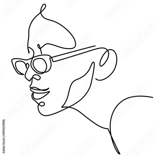Woman wearing glasses side view one line drawing. Woman wearing glasses side view single line illustration. Woman wearing glasses side view minimalist line art.