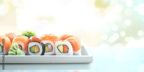 Wallpaper Mural Fresh Salmon Sushi and Avocado Rolls on Elegant Serving Plate Torontodigital.ca