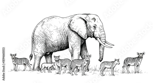 Herd of elephants and zebras in savanna