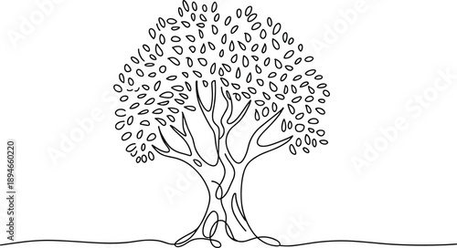 Continuous line of a stylized tree with a full canopy of oval leaves and a thick trunk on a white background symbolizing nature and growth