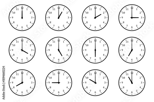 1時間刻みのアナログ時計アイコンセット（0時から11時・シンプル・モノクロ）