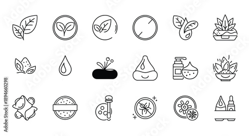 Collection of black and white beauty and wellness icons with natural themes