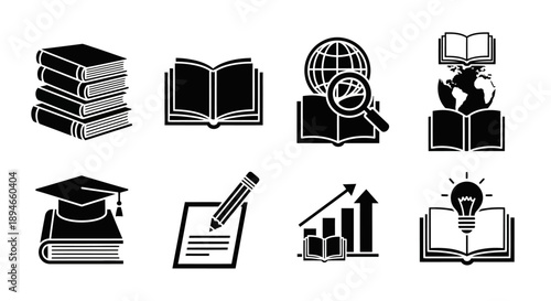 Collection of education and learning icons in black and white.