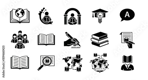 Collection of education and learning icons in black and white.