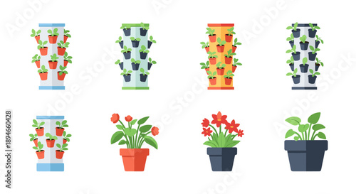 A vibrant collection of vertical garden systems and potted plants, showcasing modern urban farming and indoor gardening solutions for sustainable living.