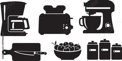 Black kitchen appliances and food icons on white background