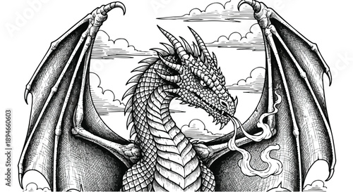 Detailed dragon mythical creature fantasy sketch