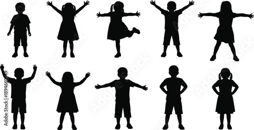 children silhouettes, kids vector, happy child, boy girl, playful poses, black white, isolated, childhood, cartoon, people, design, illustration, set, collection, 