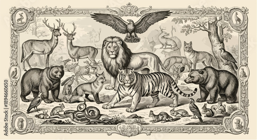 Collection of diverse forest animals collage sketch