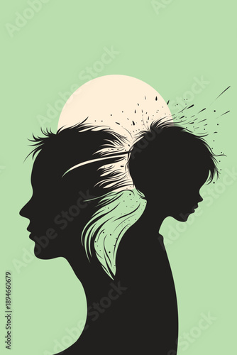 Inner Child Breaking Out from Woman Silhouette on Green Sun Glow