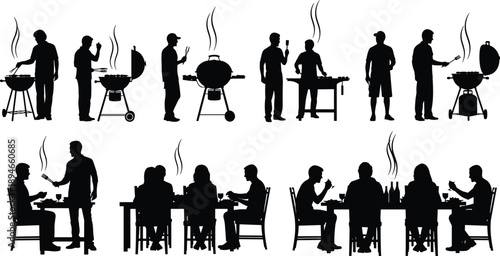 Barbecue party silhouettes set people grilling outdoor cooking family dinner picnic gathering food smoke grill vector illustration collection lifestyle activity scene