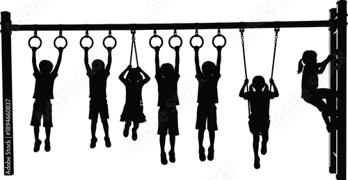 Children playground monkey bars silhouette vector illustration kids hanging climbing rings swing outdoor activity park equipment black white set