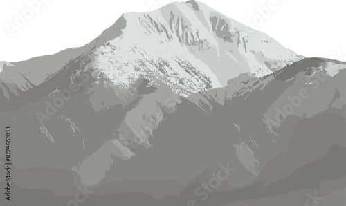 Snow-capped mountain range rendered in a minimalist grayscale style peak landscape