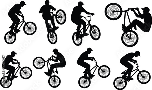 BMX bike rider stunt silhouettes vector illustration freestyle bicycle tricks extreme sport action black white collection set design bundle