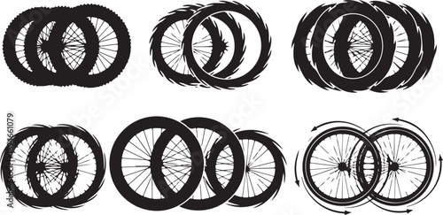 Collection of bicycle wheels and tires in various arrangements