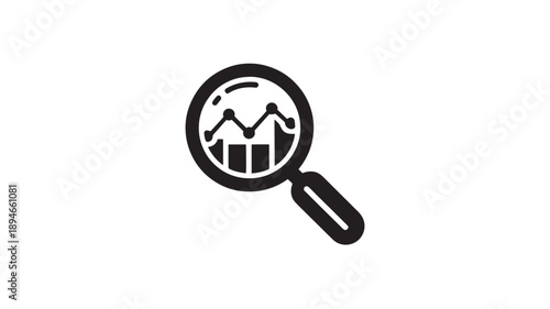 Magnifying glass with graph icon in simple line art style with black color on white background for data analysis