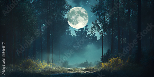 Wallpaper Mural Full Moon Rising Above Misty Pine Forest at Night Torontodigital.ca