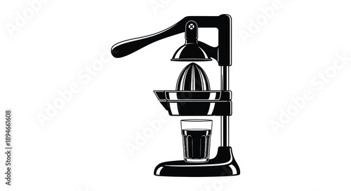 A striking black and white depiction of a vintage citrus juicer with a glass presented as a silhouette high quality