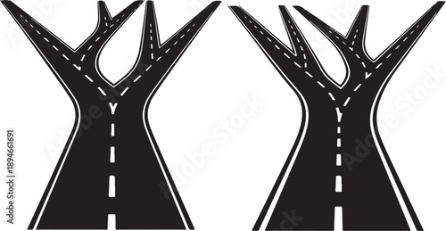 Roads diverge into multiple paths on white background illustration