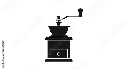 A minimalist black illustration depicts a vintage coffee grinder with a prominent crank handle silhouette high quality