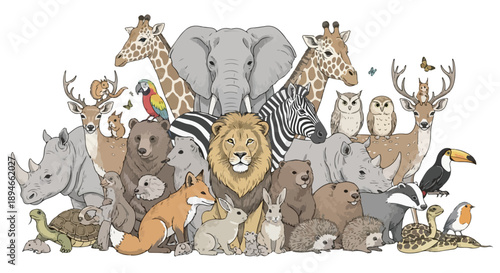 Diverse safari and forest animals collage art