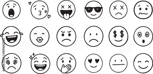 Doodle Emoji Face Icon Set – Hand Drawn Sketch Style Emotion Faces Vector Illustration