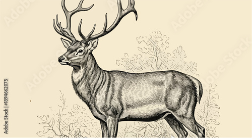 Detailed red deer buck head nature sketch