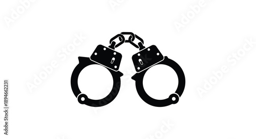 A stark black image depicts a pair of closed metal handcuffs symbolizing restraint and legal consequences silhouette