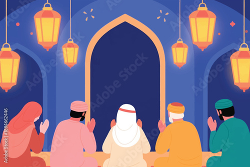 Five people praying in mosque with raised hands, arched window, glowing lanterns, and deep blue spiritual background.