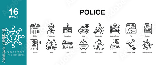Police icon set. Includes police, officer, patrol, law, security, badge and More. Editable Stroke Icon Collection.