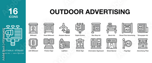 Outdoor Advertising icon set. Includes outdoor, advertising, billboard, signage, banner and More. Editable Stroke Icon Collection.