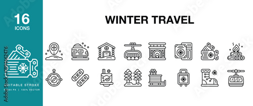 Winter Travel icon set. Includes winter, travel, snow, holiday, vacation, mountain and More. Editable Stroke Icon Collection.