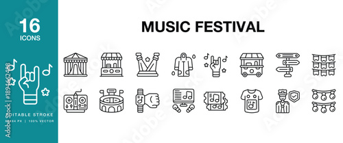 Music Festival icon set. Includes music, festival, concert, live, stage, band and More. Editable Stroke Icon Collection.