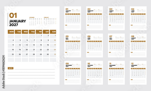 Set of gold calendar 2027 vertical size A4 template modern vector design.