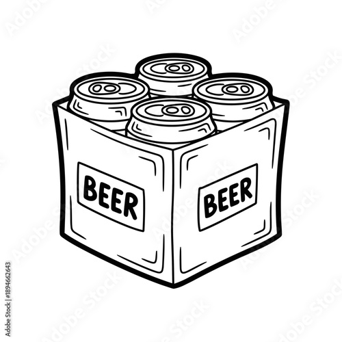 Hand-drawn illustration of a four-pack of beer cans in a cardboard carrier.