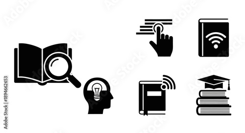 Collection of educational and learning icons representing knowledge and research.