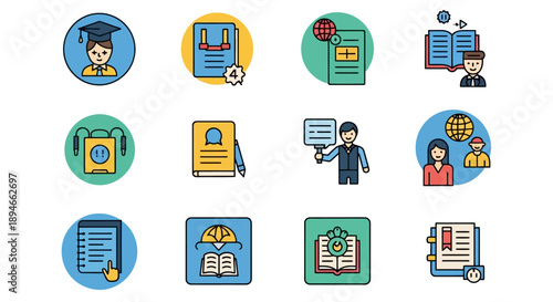 Collection of education and learning icons in flat design style.