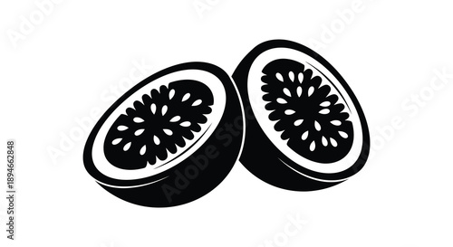 A striking graphic depiction of two passion fruit halves showcasing their seed filled interiors in silhouette high quality professional