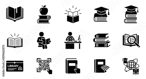 Collection of education and library icons representing learning and knowledge.