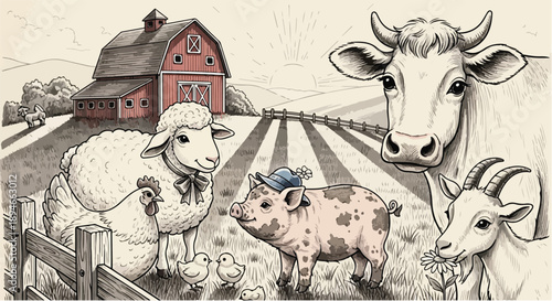 Farm scene with barn house and livestock sketch