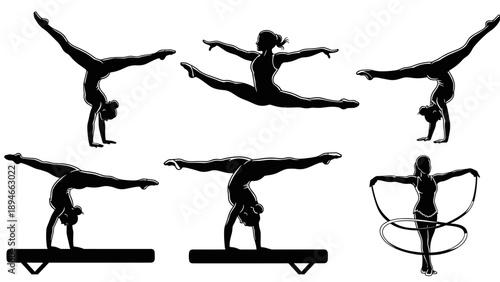 Dynamic Silhouettes of Female Gymnasts in Various Poses and Routines.