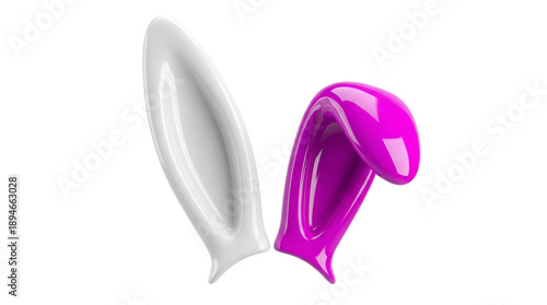 Minimalist bunny ears in glossy white and vibrant magenta plastic style. Playful 3D abstract character design.