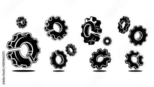 Collection of grunge style broken gear icons in black and white.