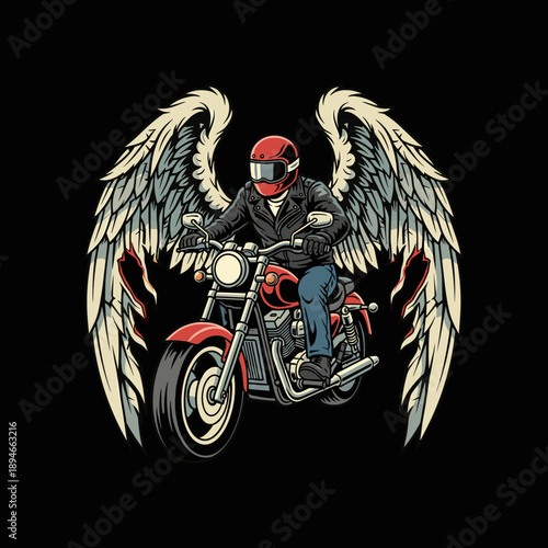 Angel wings biker riding a motorcycle illustration.
