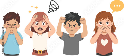 Vector, illustration, of, diverse, children, expressing, different, emotions, including, fear, stress, anger, and, shock, for, mental, health, and, psychology, designs