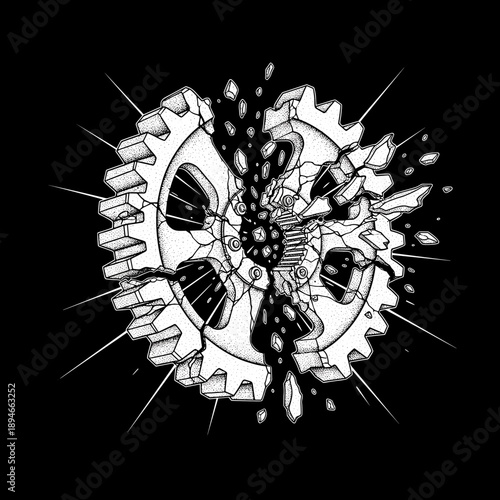 Shattered Gear Wheel Illustration with Exploding Fragments.