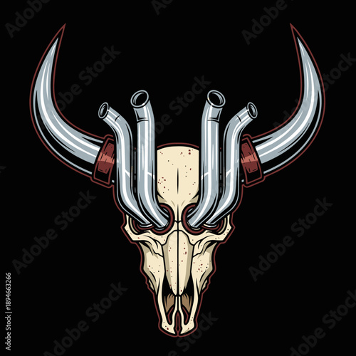Bull Skull with Exhaust Pipes as Horns.