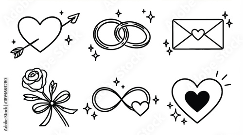 black line icons of love and romance symbols and objects on white background