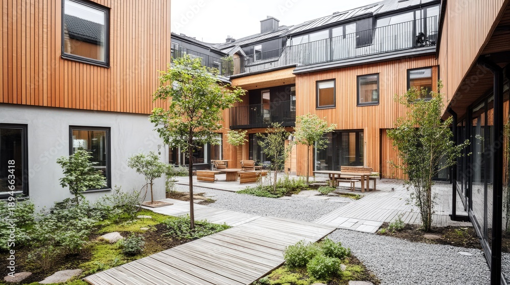 Fototapeta premium Modern Wooden Apartment Courtyard Serenity