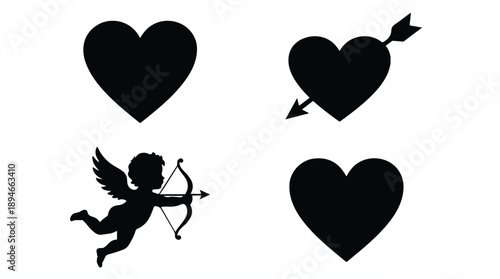 Black silhouettes of hearts and cupid on white background